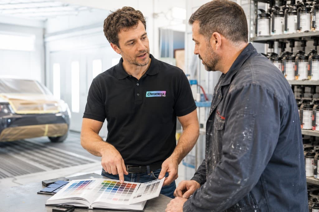 Chromexa Pro representative advising a professional refinisher on colour selection