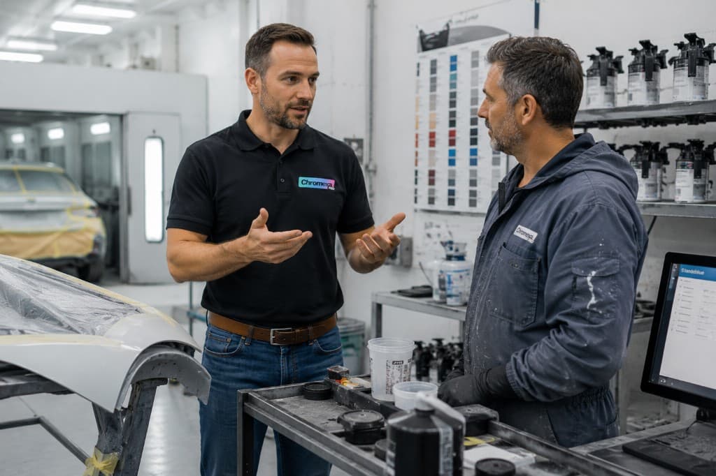 Chromexa representative speaking with a professional paint technician in a workshop