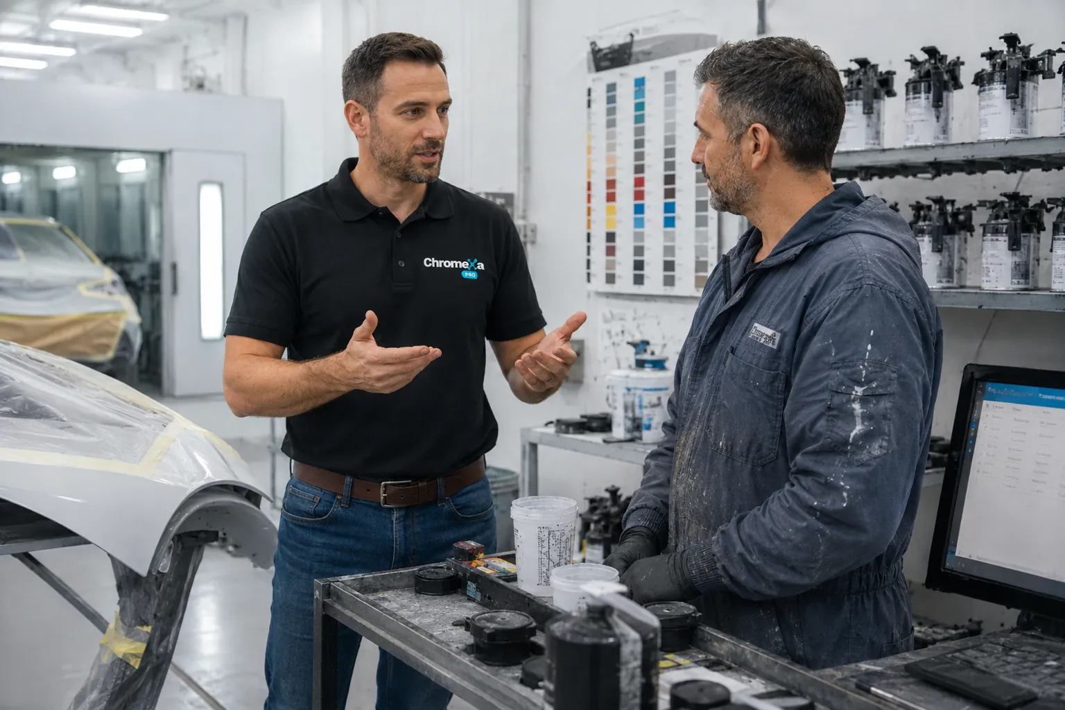 Chromexa representative speaking with a professional paint technician in a workshop