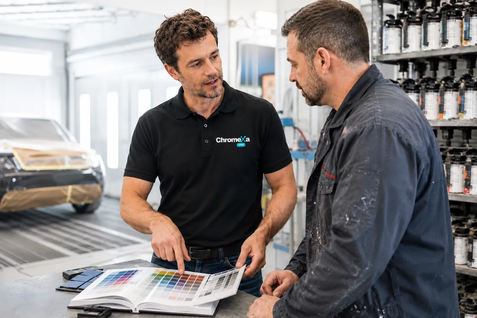 Chromexa Pro representative advising a professional refinisher on colour selection