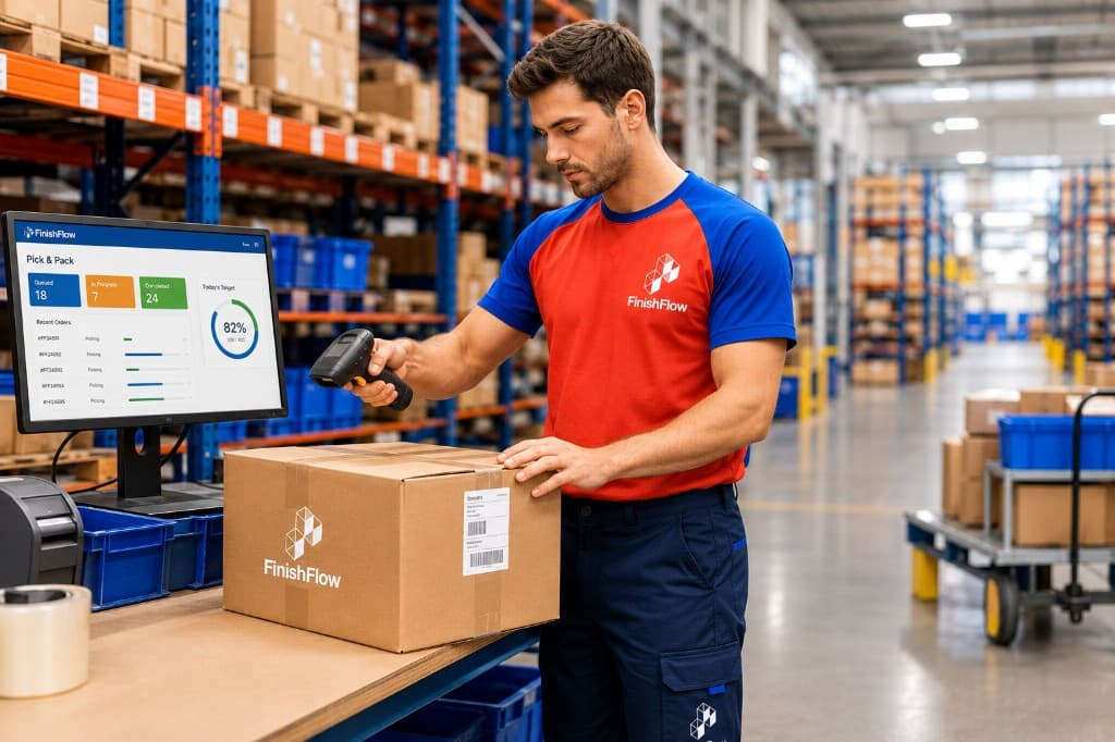 FinishFlow Fulfilment team member scanning a parcel in a warehouse
